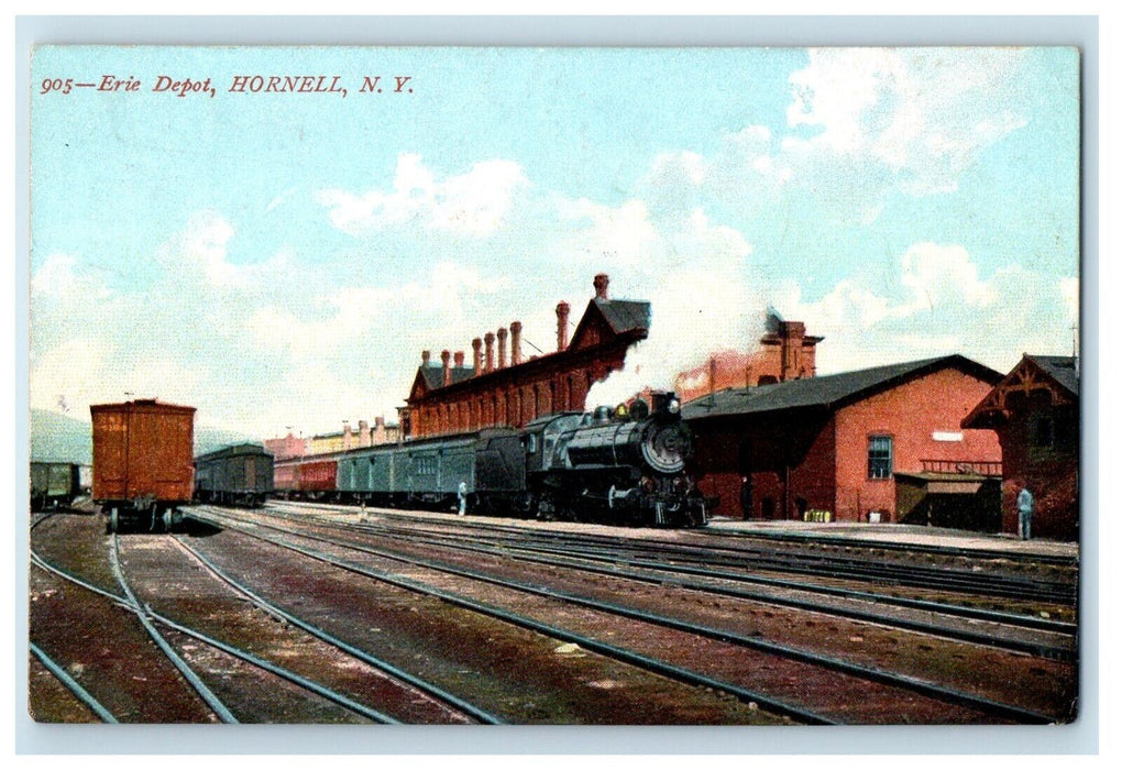 1908 Erie Depot Station Locomotive Train Railroad Hornell New York NY Postcard