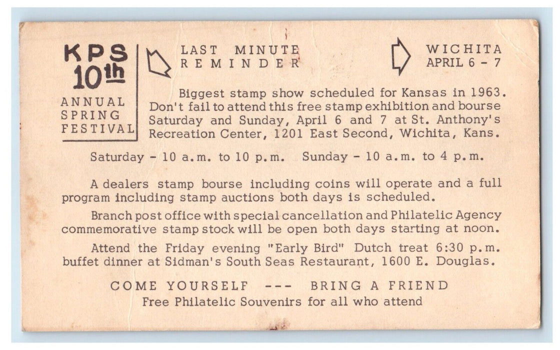 1963 Fourth National Bank Wichita Kansas KS KPS Philatelic Festival Postcard