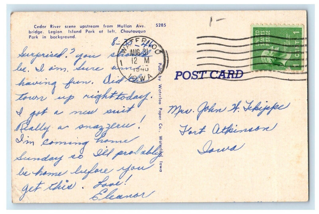 c1940's A View Of Cedar River Near Waterloo Iowa IA Posted Vintage Postcard