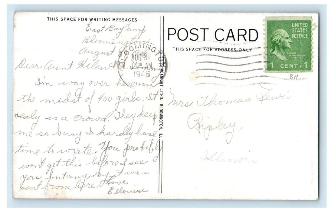 1946 East Bay Camp Lake Sailboat Bloomington Illinois IL Vintage Postcard