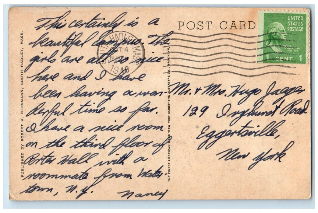 c1920's Front View Mount Holyoke College South Hadley Massachusetts MA Postcard