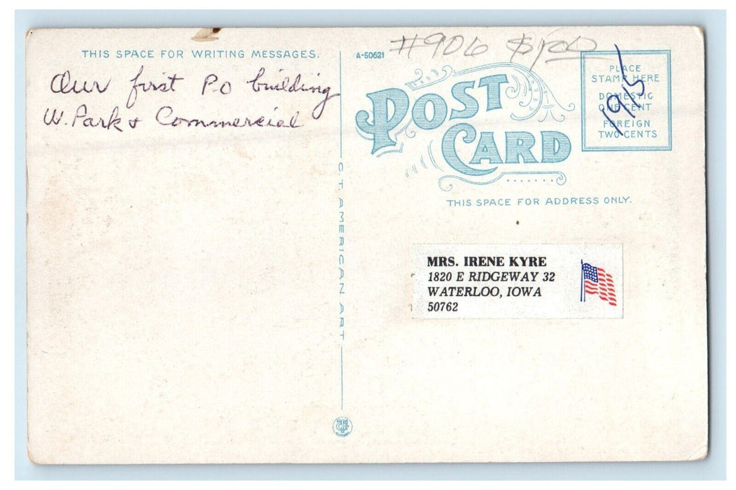1915 Post office Building Cars Street View Flag Waterloo Iowa IA Postcard