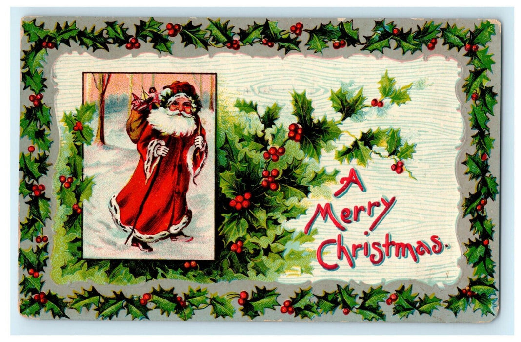 1912 Merry Christmas Santa Toys Holly Chicago Illinois Canal Station Postcard