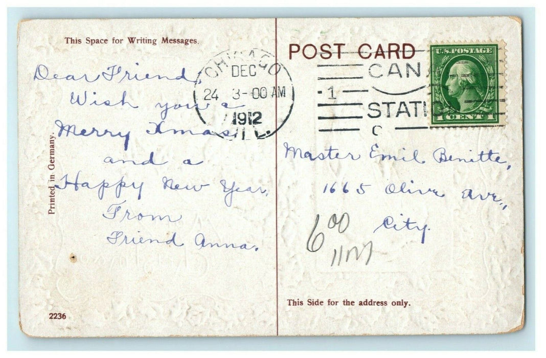 1912 Merry Christmas Santa Toys Holly Chicago Illinois Canal Station Postcard
