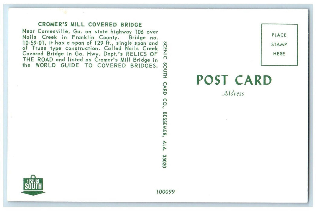 c1960s Cromer's Mill Covered Bridge Near Carnesville Georgia GA Antique Postcard
