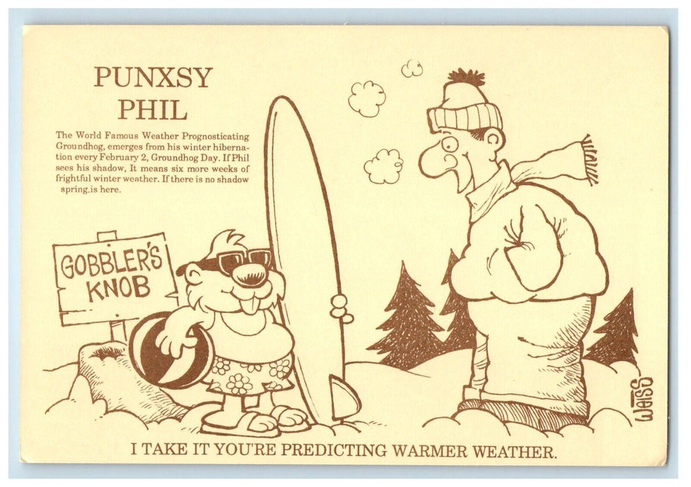 Greetings From Punxsutawney PA, Punxsy Phil Gobblers Knob Sign Postcard