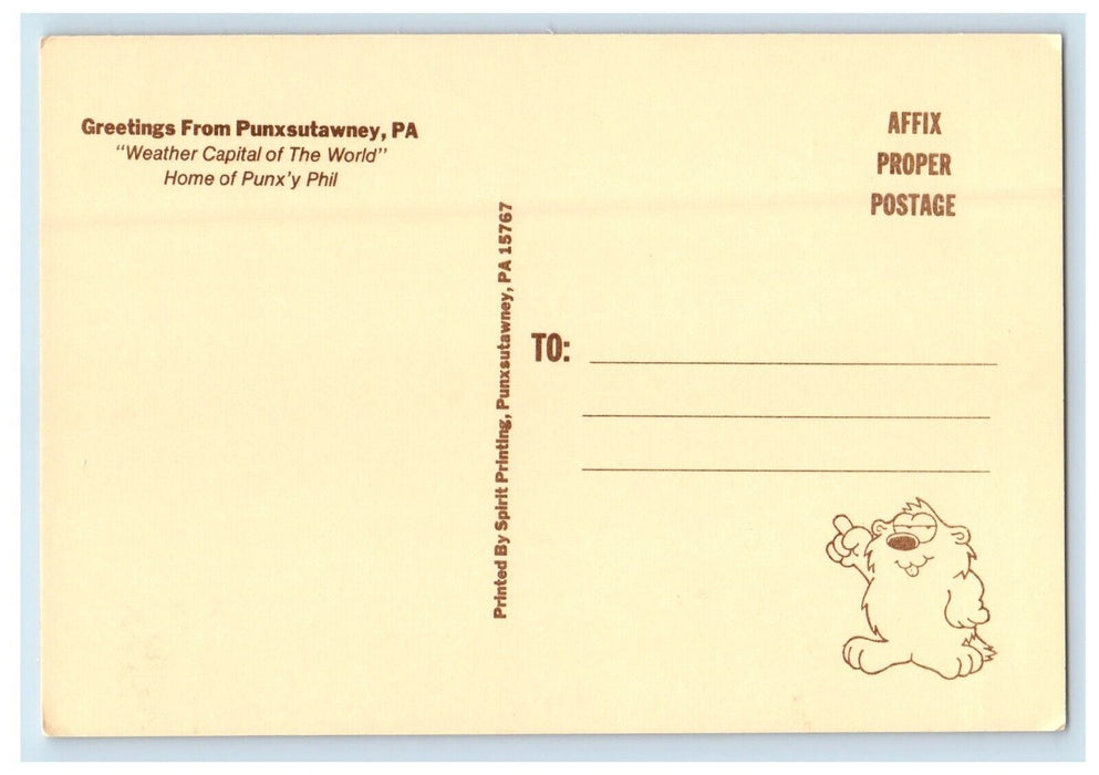 Greetings From Punxsutawney PA, Punxsy Phil Gobblers Knob Sign Postcard