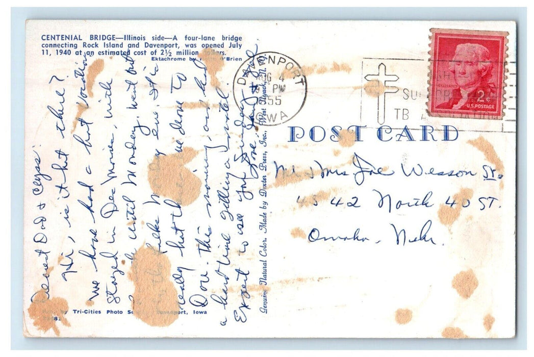 1955 Centenial Bridge Illinois IL, Connecting Rock Island Davenport Car Postcard