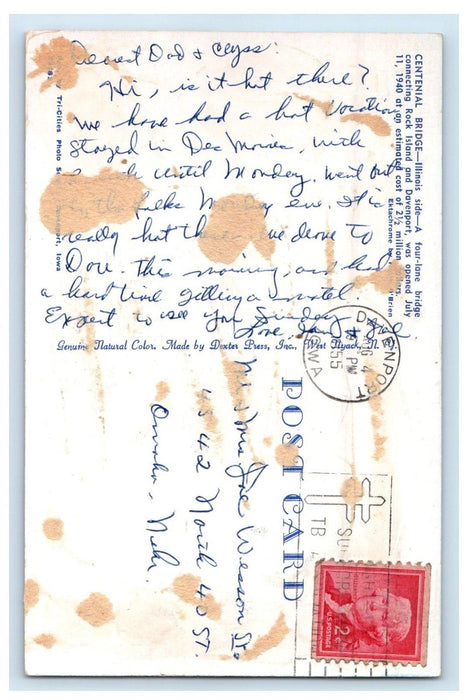 1955 Centenial Bridge Illinois IL, Connecting Rock Island Davenport Car Postcard