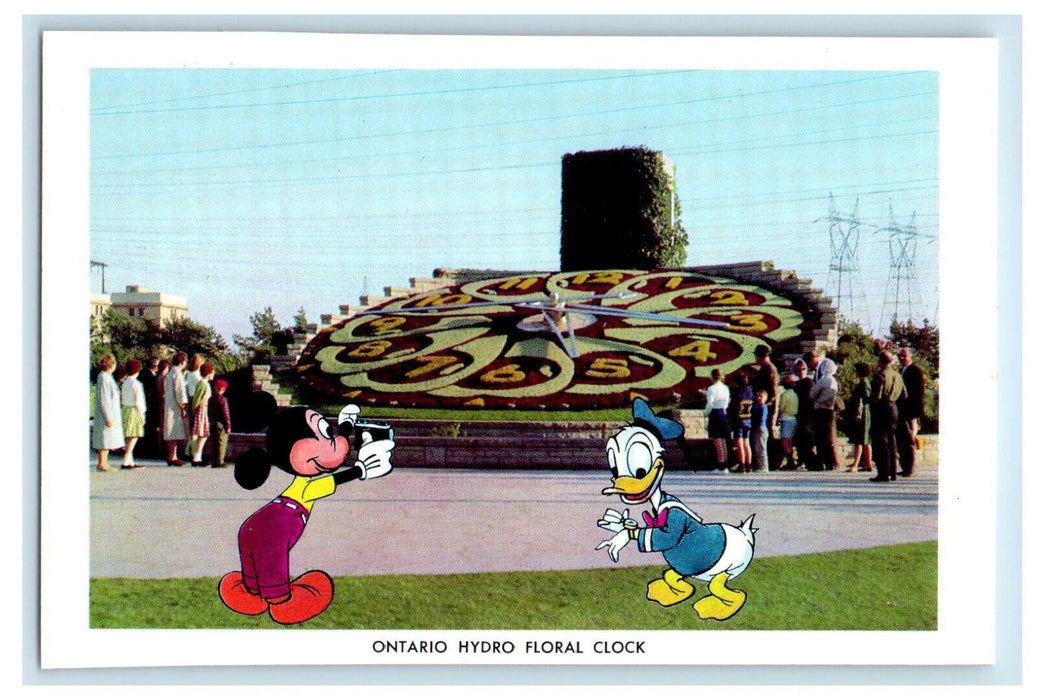 c1950's Mickey Mouse, Donald Duck, Ontario Hydro Floral Clock Canada Postcard