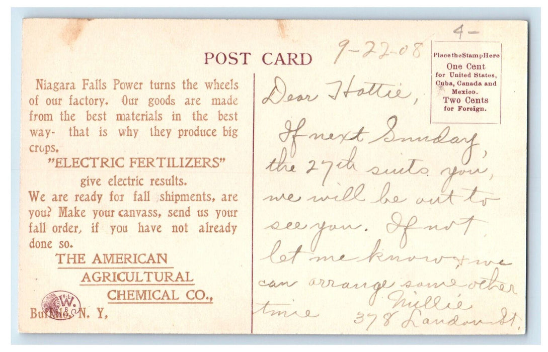 1908 Horseshoe Fall American Agricultural Chemical Co Canada Postcard