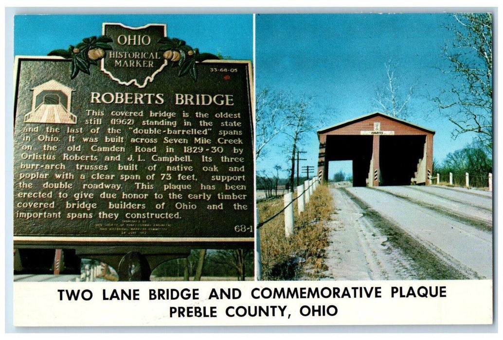 c1960's Two Lane Bridge & Commemorative Plaque Preble County Ohio OH Postcard