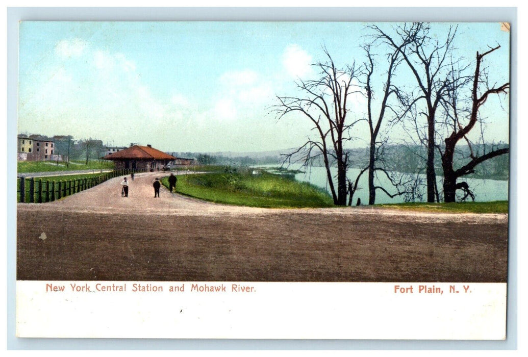 c1910's New York Central Train Station Depot Mohawk River Fort Plain NY Postcard