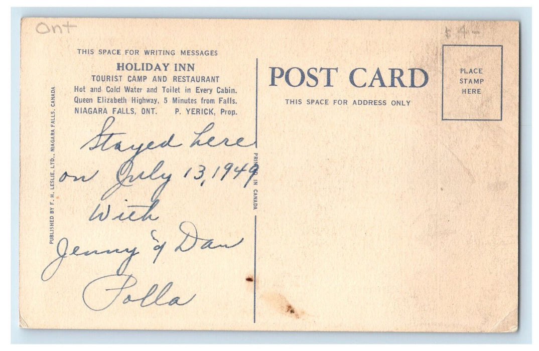 1949 Holiday Inn Niagara Falls Ontario Canada Posted Vintage Postcard