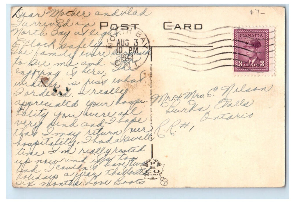 1944 Airplane, Air Port North Bay Ontario Canada, Burk's Falls Ont. Postcard