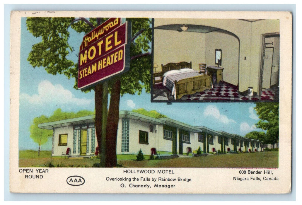 1955 Interior Bedroom, Hollywood Motel, Niagara Falls Canada Postcard