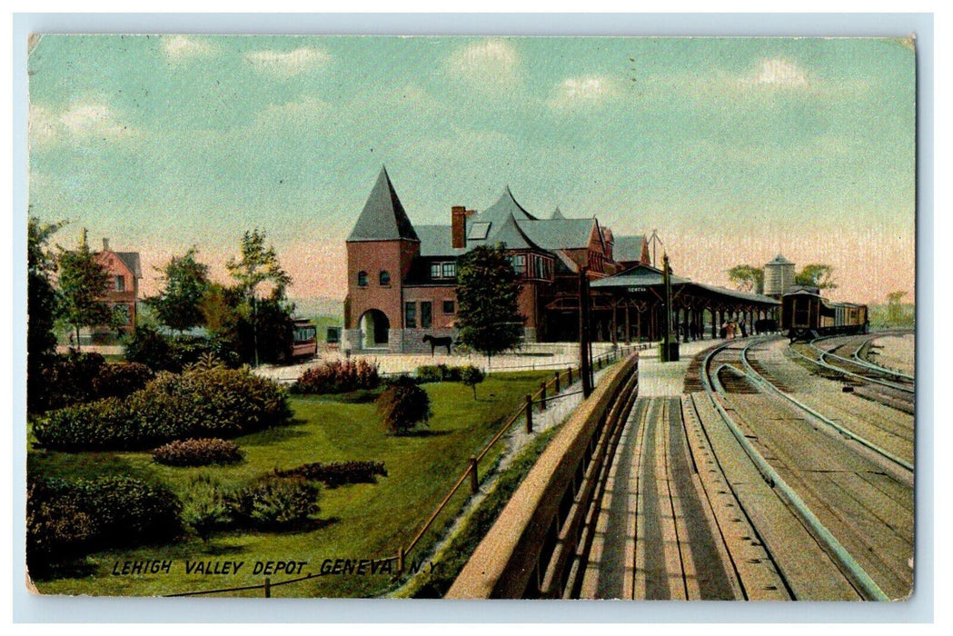 1910 Lehigh Valley Depot Train Station Railroad Geneva New York NY Postcard