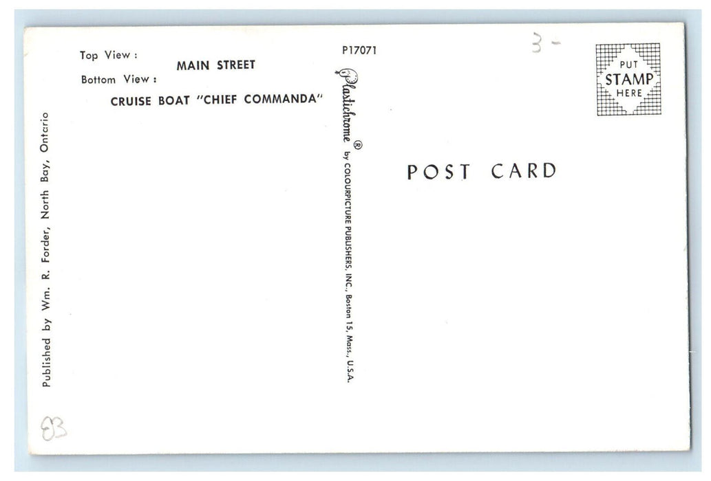 c1950's Main Street Cruise Boat Chief Commanda Greetings from North Bay Postcard