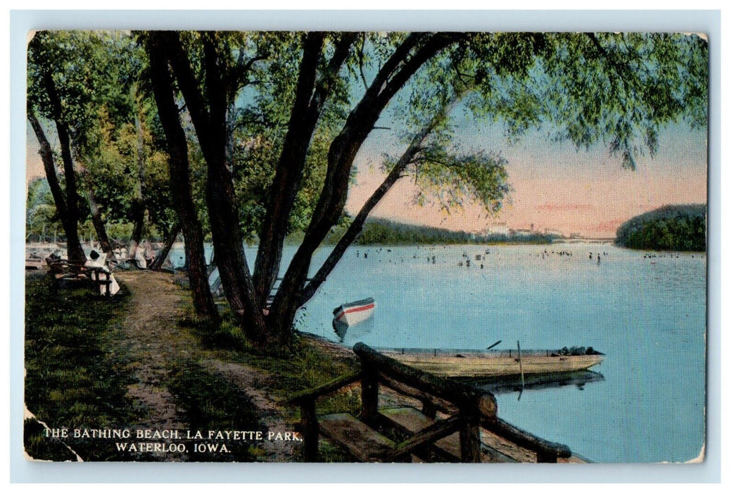 1916 The Bathing Beach La Fayette Park View Boat Waterloo Iowa IA Postcard