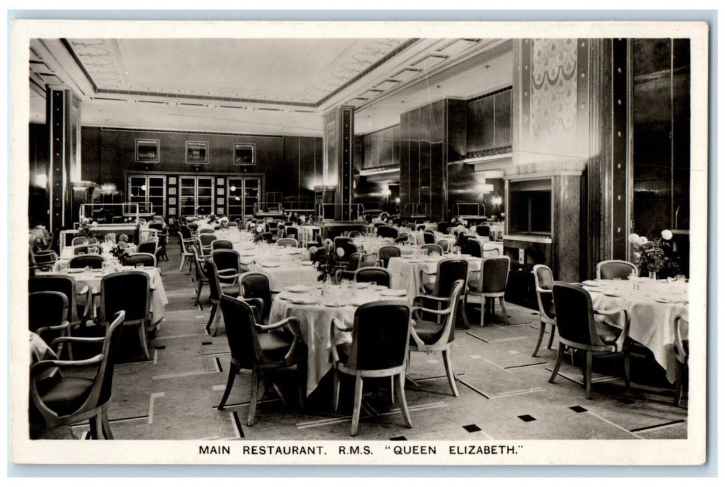 1948 R.M.S. Queen Elizabeth Interior Main Restaurant Britain RPPC Photo Postcard