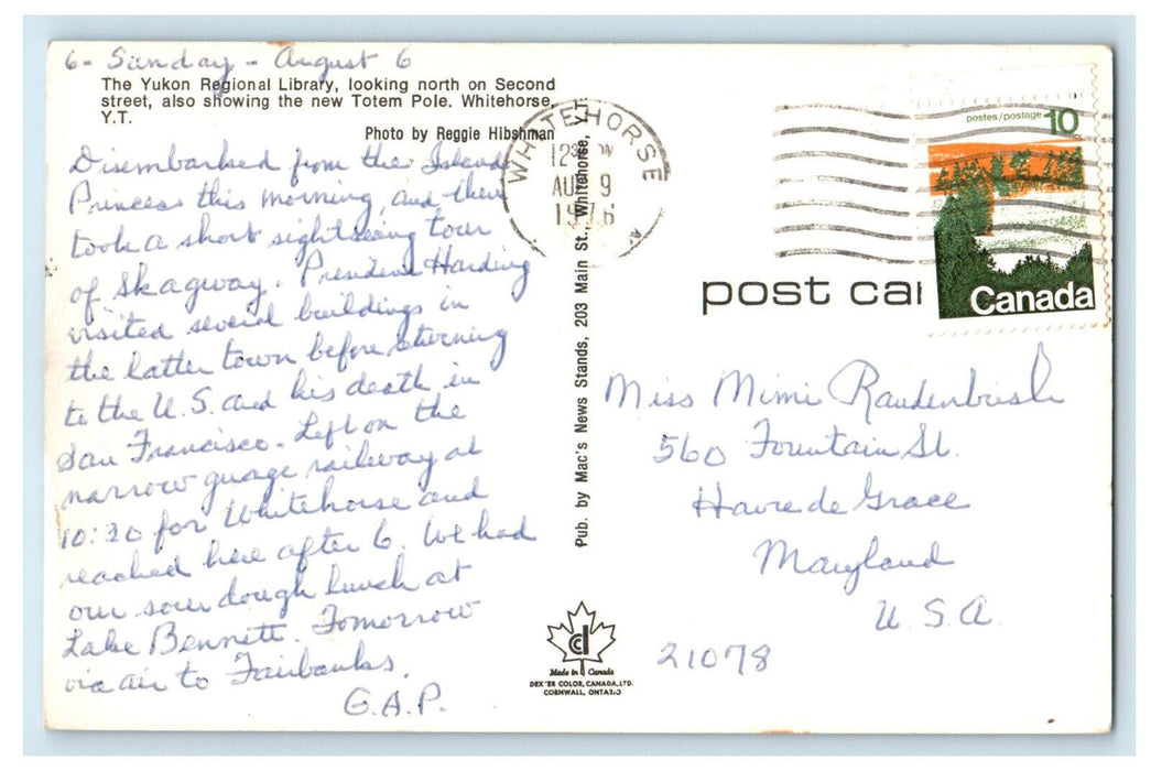 1976 The Yukon Regional Library, Totem Pole Whitehorse YT Canada Postcard