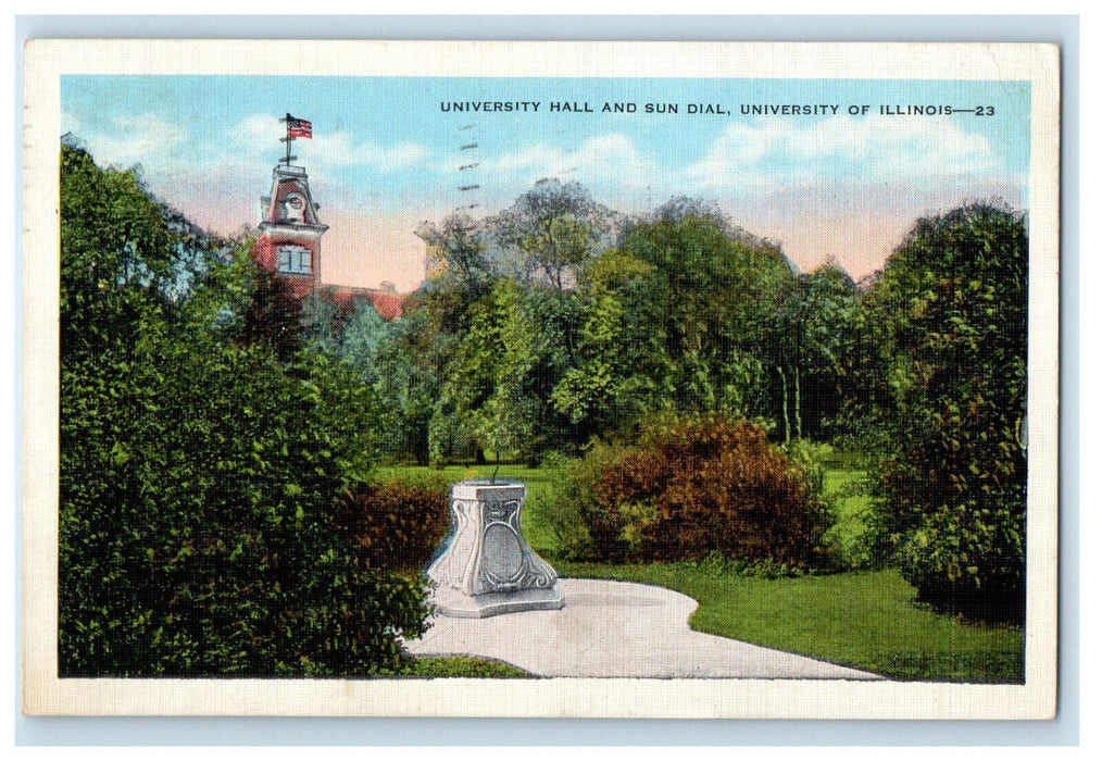 1938 University Hall and Sun Dial University of Illinois IL Posted Postcard