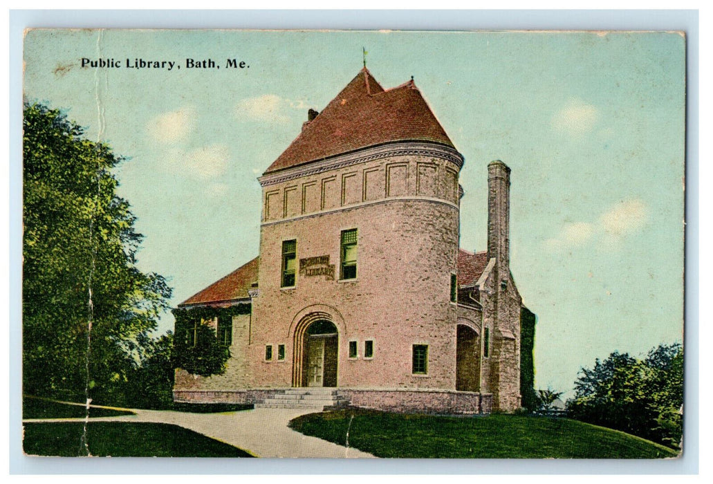 c1910 Entrance to Public Library Bath Maine ME Antique Posted Postcard