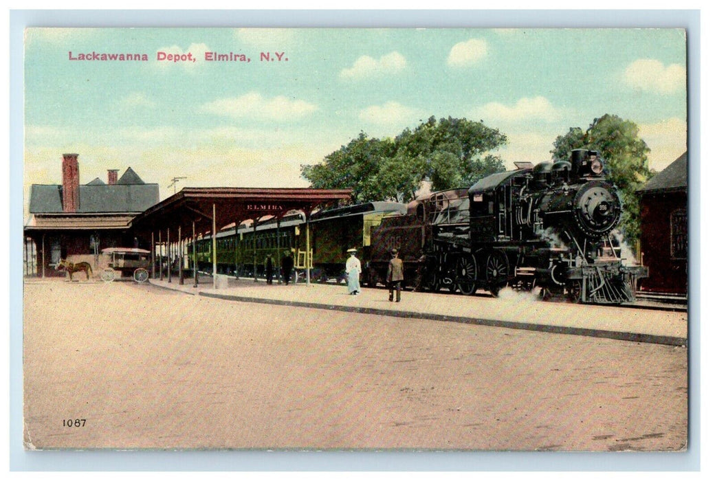 c1910's Lackawanna Depot Locomotive Train Elmira New York NY Antique Postcard