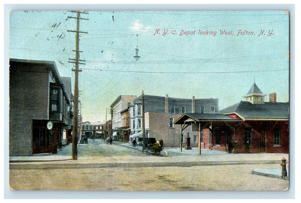 1909 N. Y. C. Depot Station Horse Carriage Looking West Fulton NY Postcard