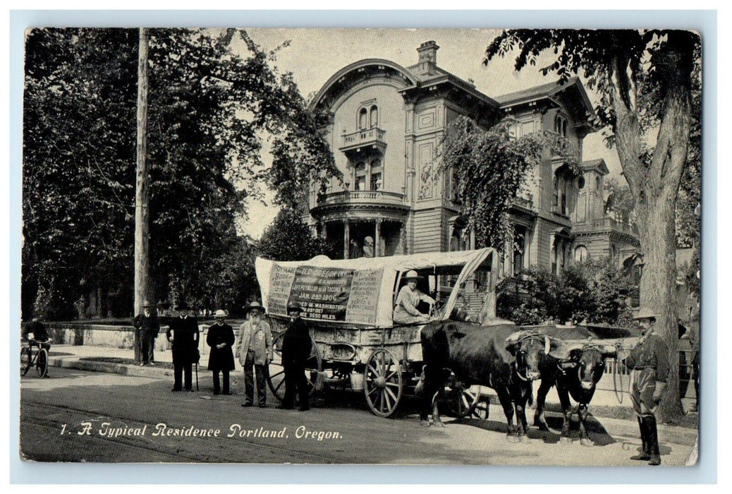 c1910 Ezra Meeker Oregon Trail Wagon Oxen Portland Oregon Residence Postcard