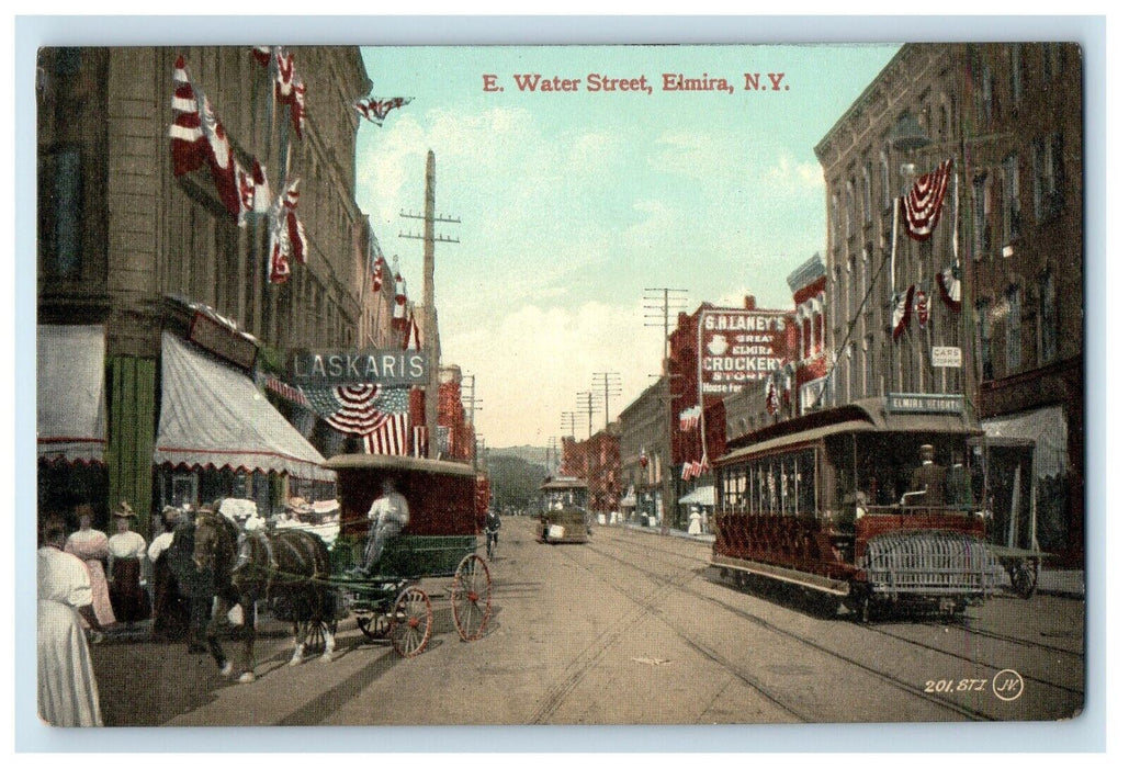 c1910's E. Water Street Trolley Laskaris Stores Elmira New York NY Postcard