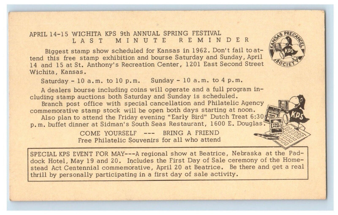 1962 First National Bank Wichita Kansas KS KPS Philatelic Festival Postcard