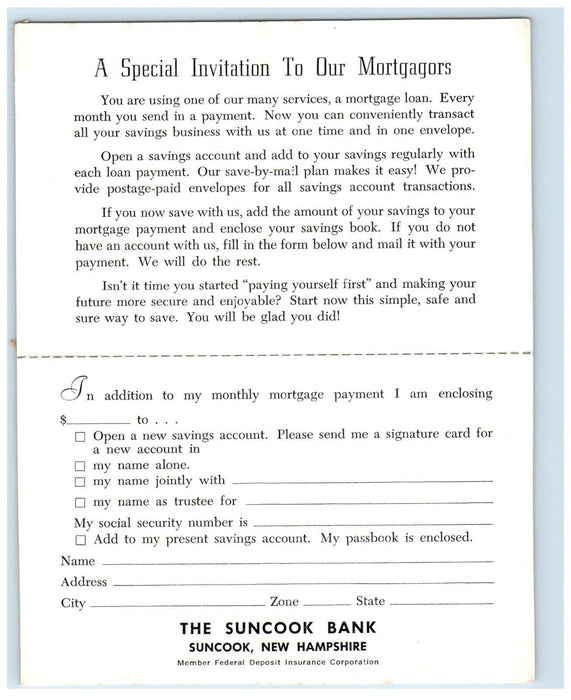 c1960's Fold Out Suncook Bank Advertising New Hampshire NH Unposted Postcard