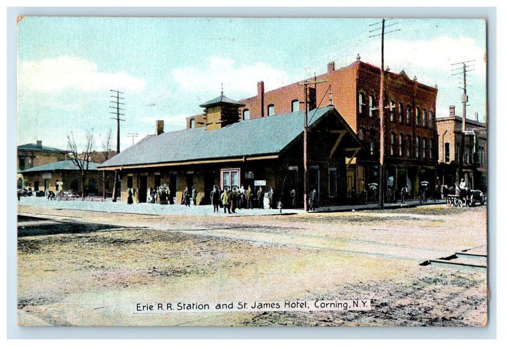 1908 Erie R. R. Station And St. James Hotel Corning New York NY Antique Postcard