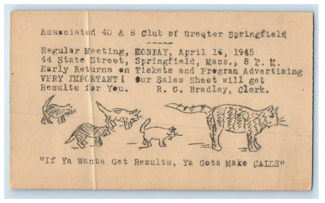 1945 Cat Art 40 & B Club Springfield MA Advertising Meeting Postcard