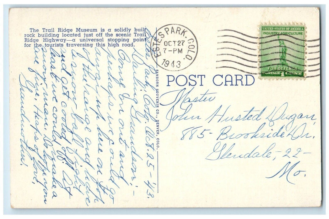 1943 Trail Ridge Museum Fall River Pass Rocky Mountain National Park CO Postcard