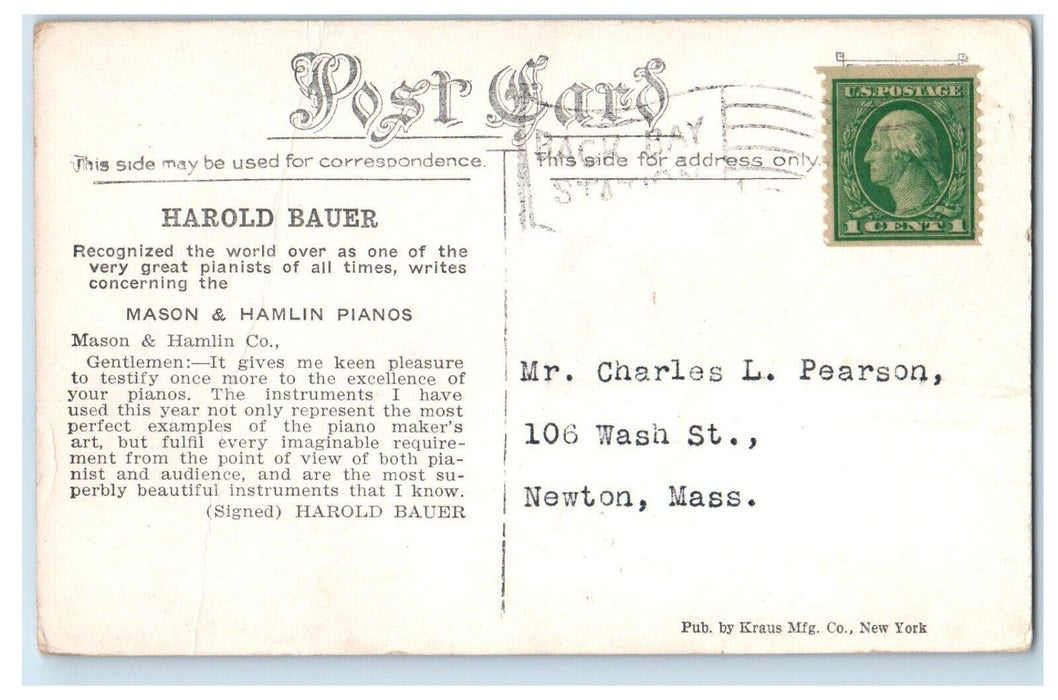 c1910 Harold Bauer Pianist Mason and Hamlin Pianos Advertising Postcard