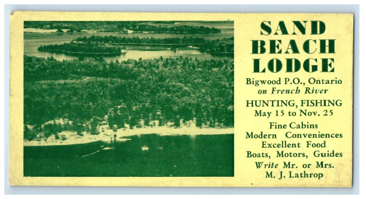 c1940's Sand Beach Lodge Bigwood PO Ontario Hunting Fishing Advertising Blotter