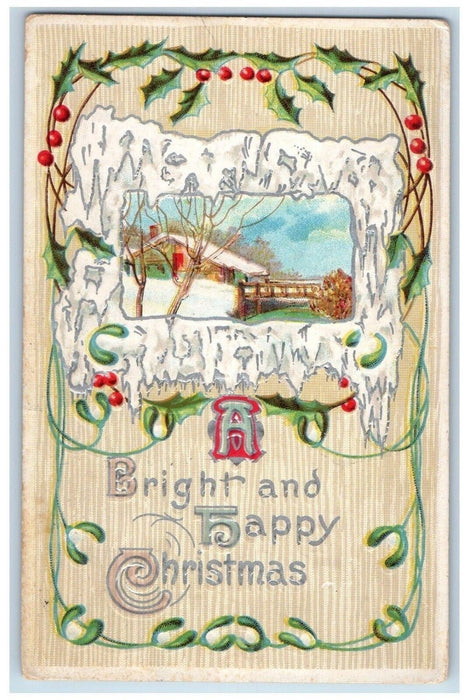 1911 Christmas Holly Berries House Winter Embossed Stewart MN Antique Postcard
