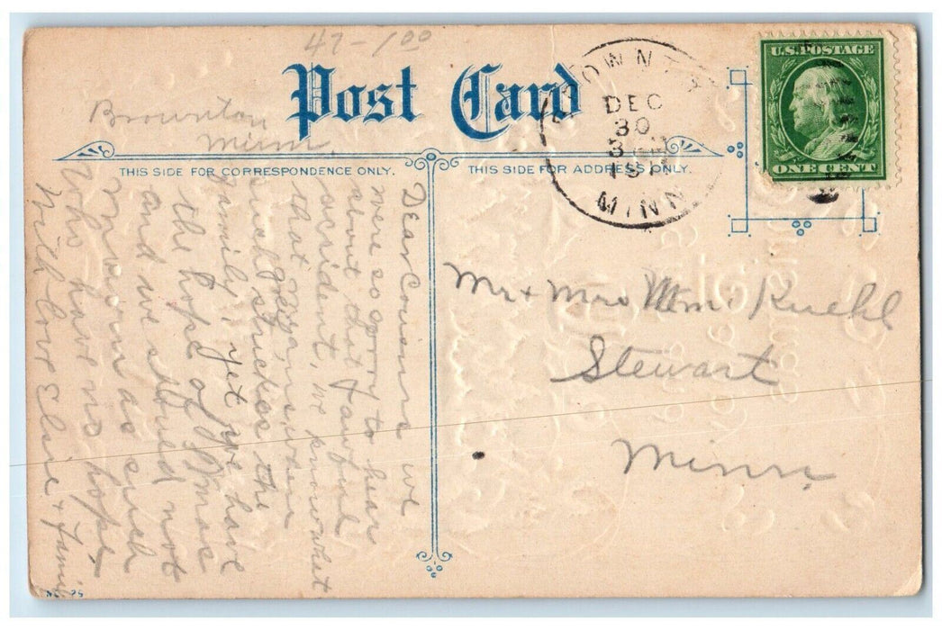1911 Christmas Holly Berries House Winter Embossed Stewart MN Antique Postcard