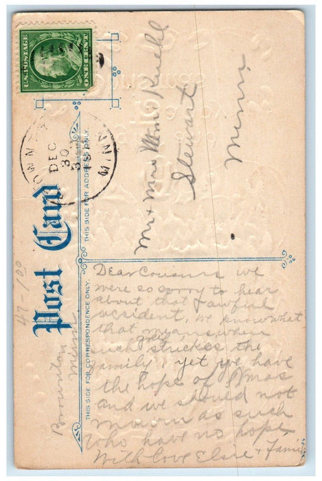 1911 Christmas Holly Berries House Winter Embossed Stewart MN Antique Postcard