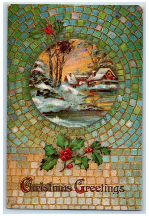 1912 Christmas Greetings Holly Berries House Winter Embossed Menard IL Postcard