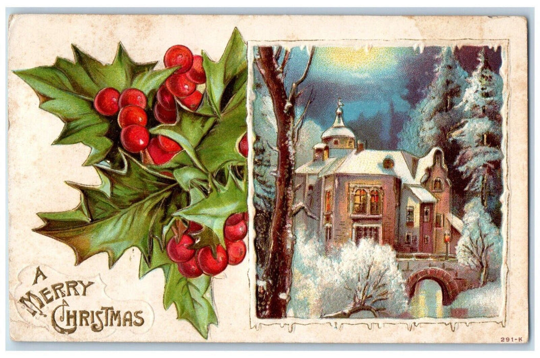 1909 Christmas Berries House Church Bridge Embossed Philadelphia PA Postcard