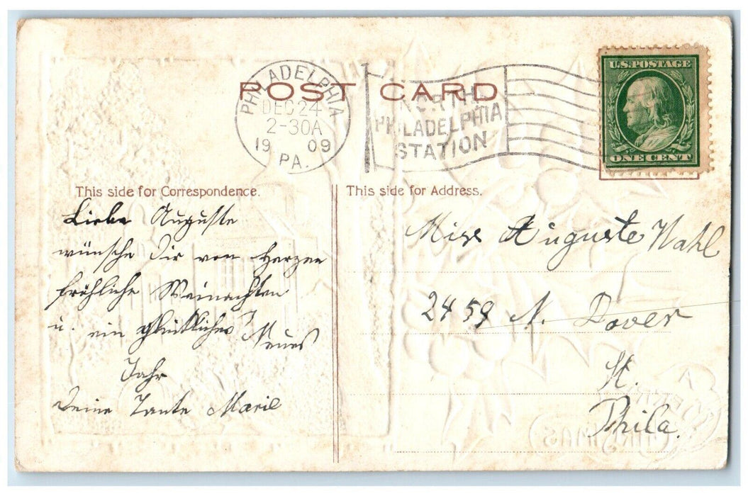1909 Christmas Berries House Church Bridge Embossed Philadelphia PA Postcard