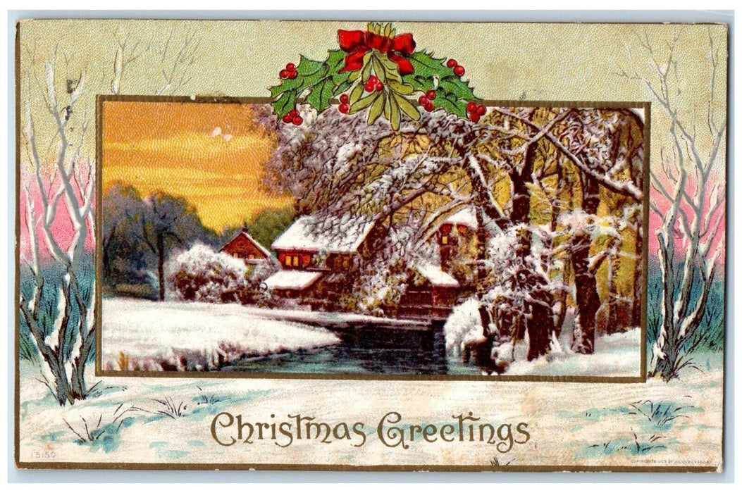 1909 Christmas Greetings Holly Berries Houses Winter Posted Antique Postcard