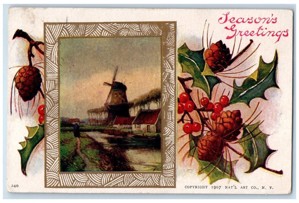 c1910's Season's Greetings Windmill Holly Berries Pine Cone Antique Postcard