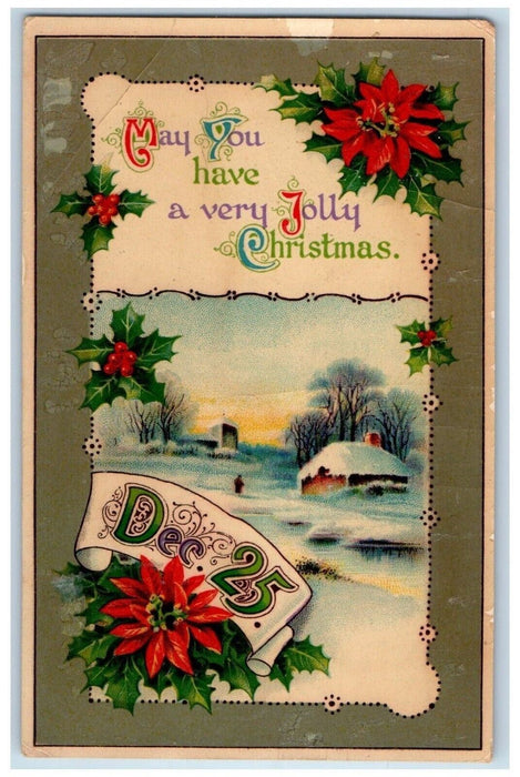 1912 Christmas Poinsettia House Winter Winsch Back Saint Johnsbury VT Postcard