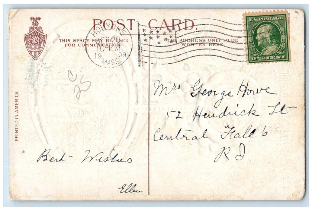 1909 Christmas Horseshoe House Holly Berries Embossed Holyoke MA Postcard