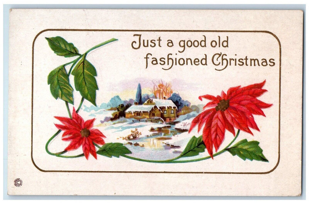 c1910's Christmas Poinsettia Flowers House Winter Embossed Antique Postcard