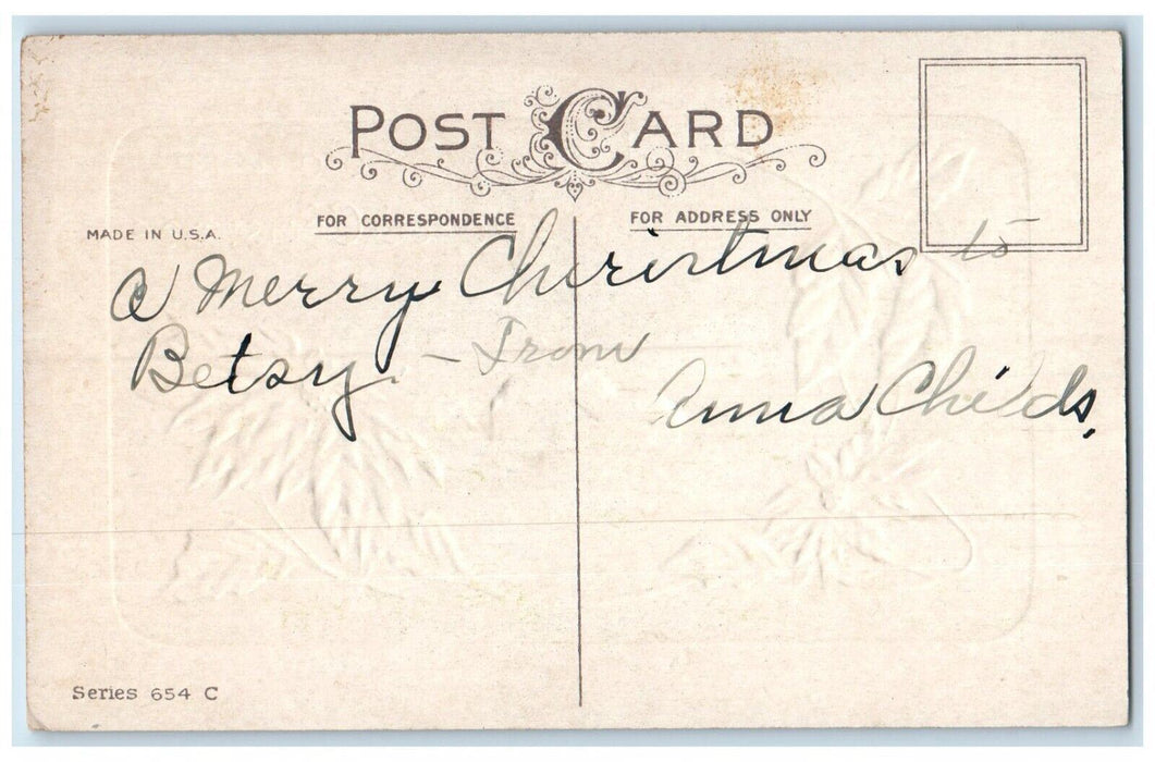 c1910's Christmas Poinsettia Flowers House Winter Embossed Antique Postcard